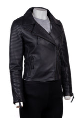 Ladies Matte Black Asymmetric Panelled Biker Style Leather Jacket: Carmen