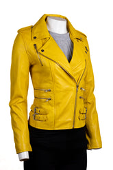 Ladies Yellow Buckled Asymmetric Biker Style Leather Jacket: Angelica