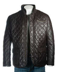 Men's Brown Quilted Leather Coat with Diamond Stitch - Javier