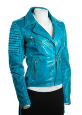 Ladies Turquoise Cross Zip Biker Style Leather Jacket: Giulia