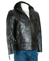 Men's Black Hooded Leather Stitch Detail Bomber Jacket: Geraldo