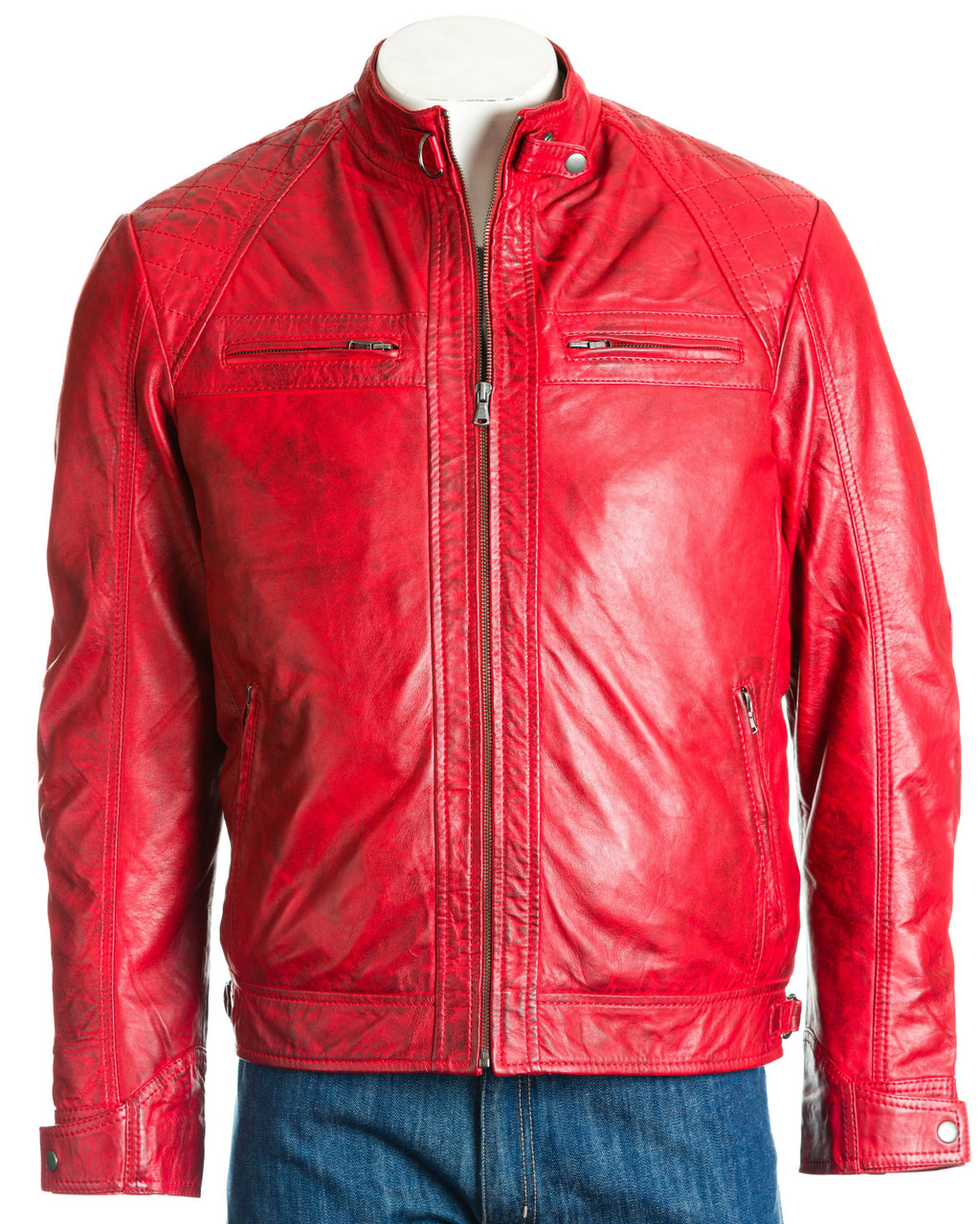 Men's Red Diamond Shoulder Biker Style Leather Jacket: Geronimo
