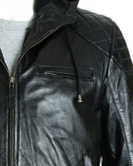 Men's Black Hooded Leather Stitch Detail Bomber Jacket: Geraldo
