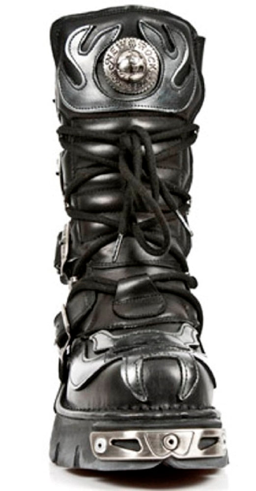 NEW ROCK - 107-S2 Silver Flame Skull Lace Up Boots