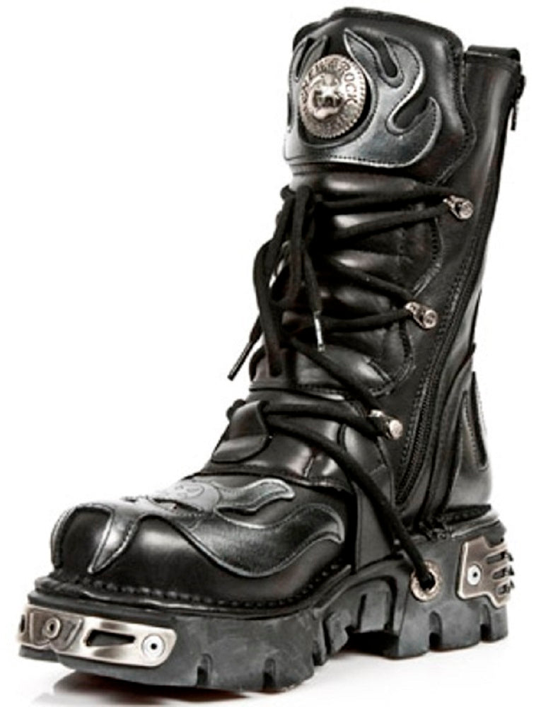 NEW ROCK - 107-S2 Silver Flame Skull Lace Up Boots