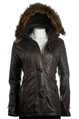 Ladies Brown Fitted Leather Parka Coat With Fur Trimmed Detachable Hood: Marina