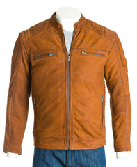 Men's Cognac Nubuck Biker Jacket: Salvio