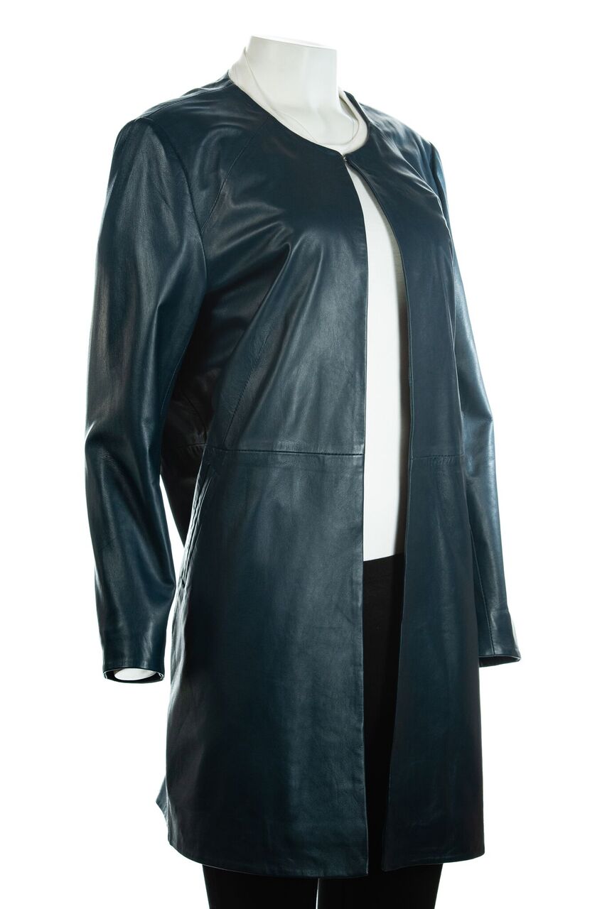 SYLVIA Women's Classic Black Real Leather Trench Coat - Mid-Length With Collar & Button Details