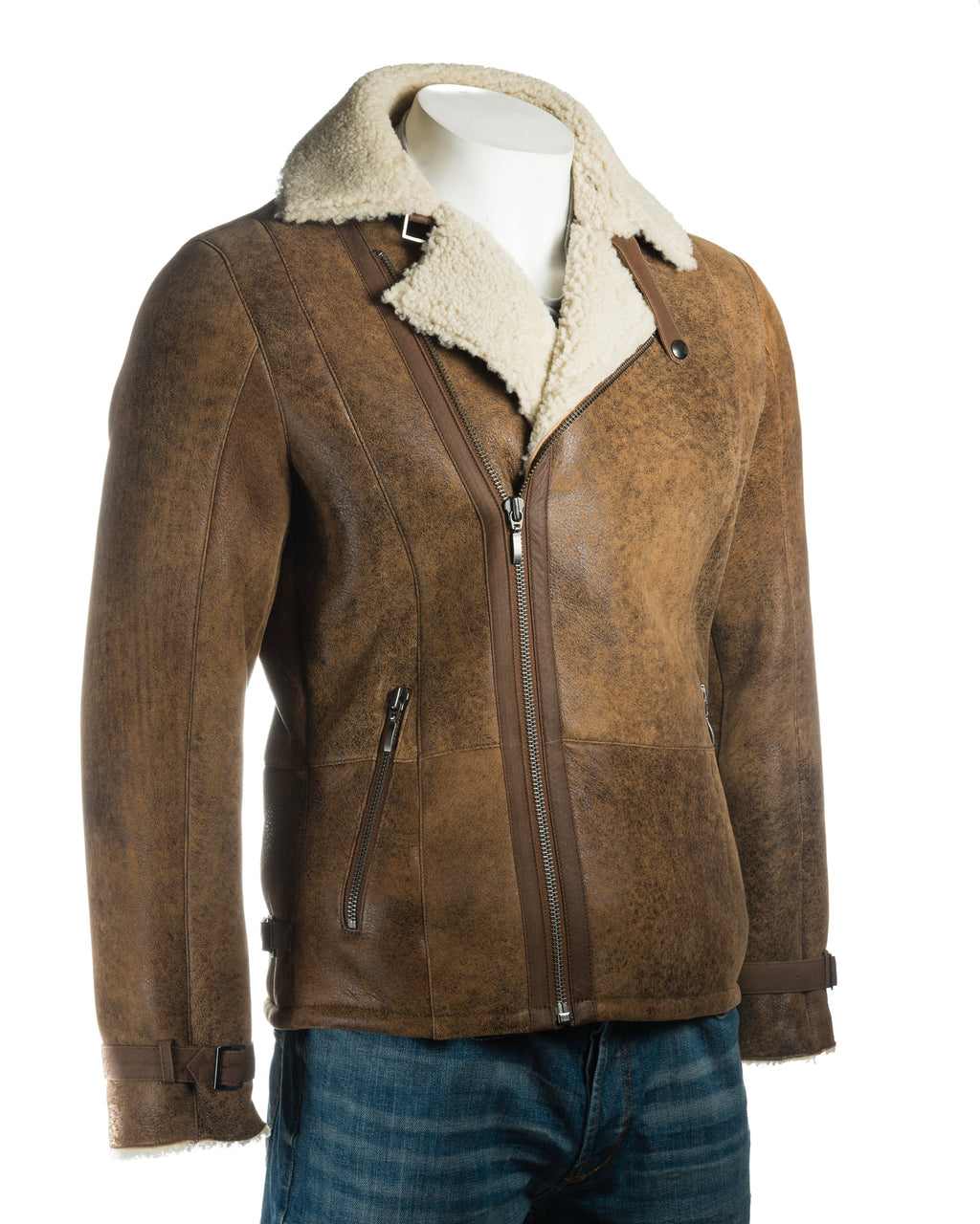 Men's Antique Cognac Shearling Sheepskin Biker Style Cross Zip Jacket: Alonso
