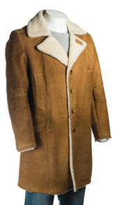 Men's Cognac Trench Style 3/4 Length Weathered Shearling Sheepskin Coat: Rodrigo