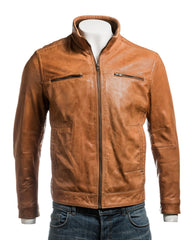 Men's Tan Funnel Neck Leather Jacket: Luigi
