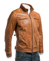 Men's Tan Funnel Neck Leather Jacket: Luigi