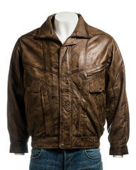 Men's Antique Brown Pocket Detail Blouson Style Leather Jacket: Marco