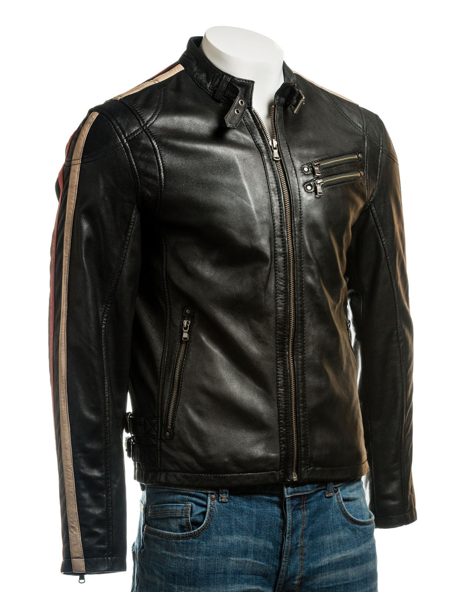 Mens leather jacket with stripes sale