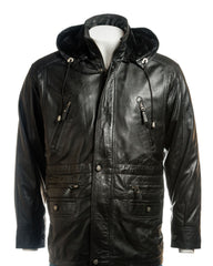 Men's Black Multi-Season Leather Coat with Detachable Hood: Christiano