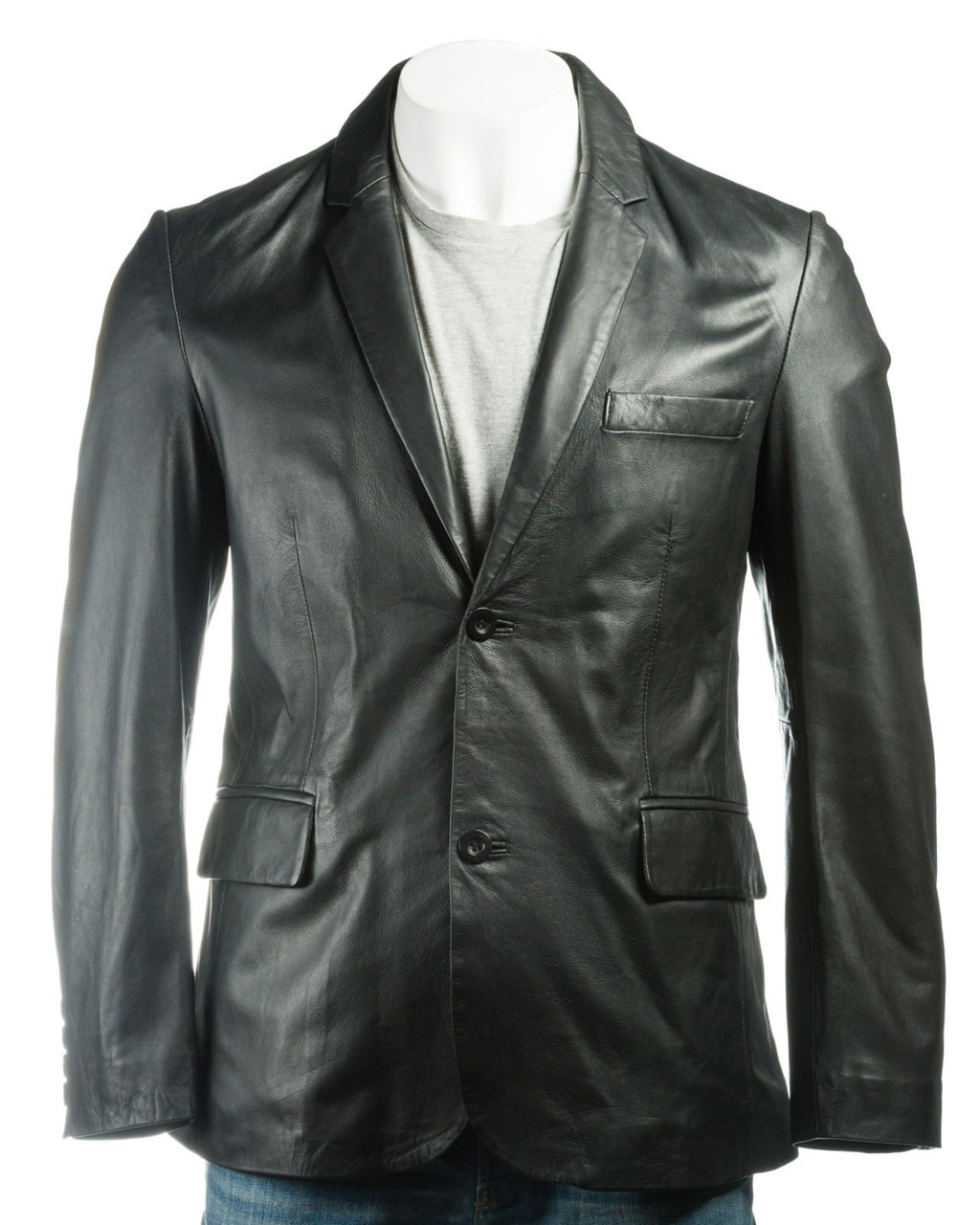 Men's Black Classic Two Button Single Breasted Leather Blazer: Marcello