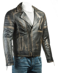 Men's Antique Black Vintage Look Biker Style Leather Jacket: Placido