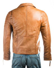 Men's Tan Vintage Look Biker Style Leather Jacket: Placido