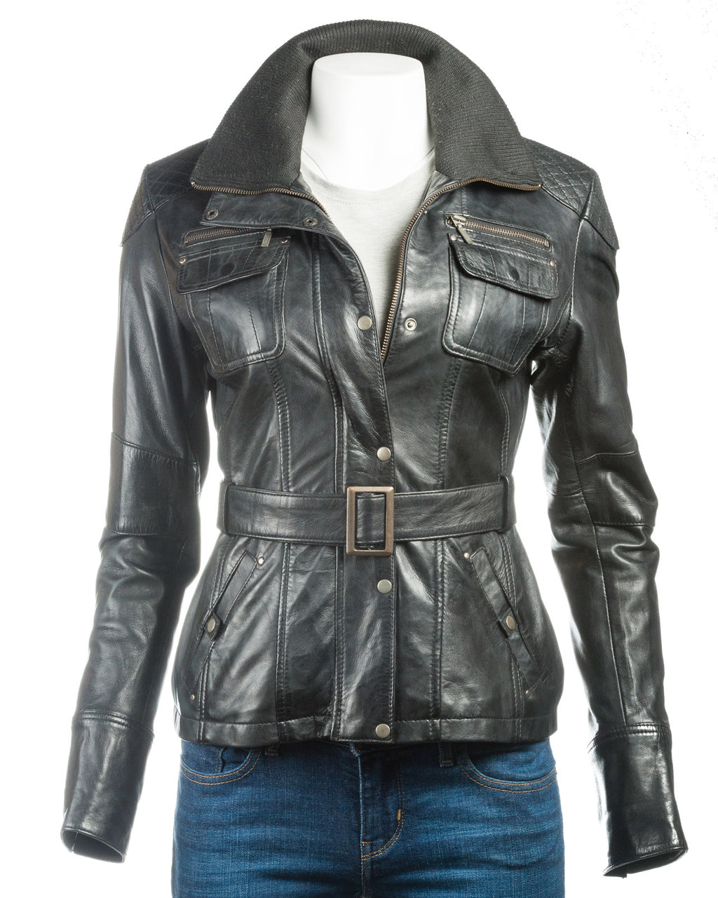 Ladies Belted Biker Style Leather Jacket: Celia