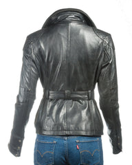 Ladies Belted Biker Style Leather Jacket: Celia