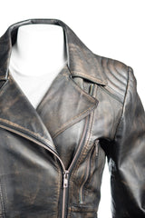 Ladies Antique Black Belted Asymmetric Biker Style Leather Jacket: Aurora