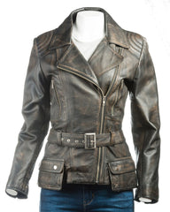 Ladies Antique Black Belted Asymmetric Biker Style Leather Jacket: Aurora