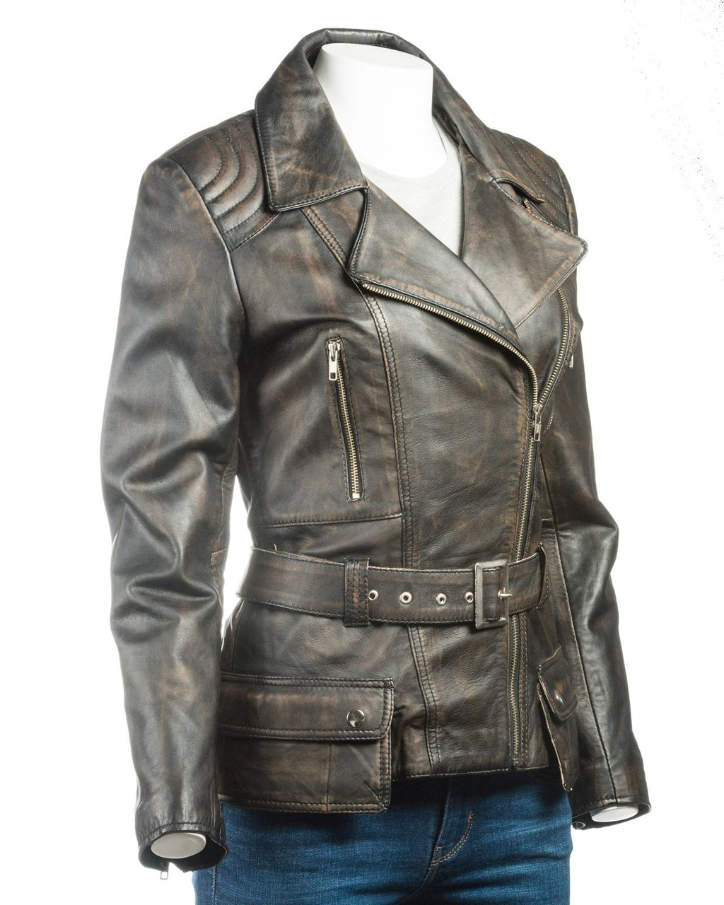 Ladies Antique Black Belted Asymmetric Biker Style Leather Jacket: Aurora