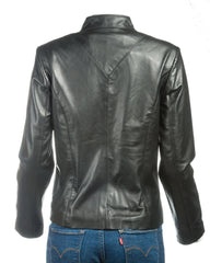 Ladies Black Plain Short Zipped Leather Jacket: Angelina