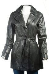 Ladies Black Mackintosh Style Leather Coat: Susanna