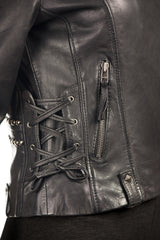 Ladies Black Corset Detail Slim Fit Biker Style Leather Jacket: Francesca