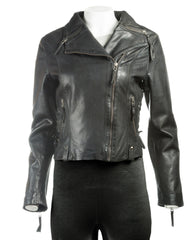 Ladies Black Corset Detail Slim Fit Biker Style Leather Jacket: Francesca