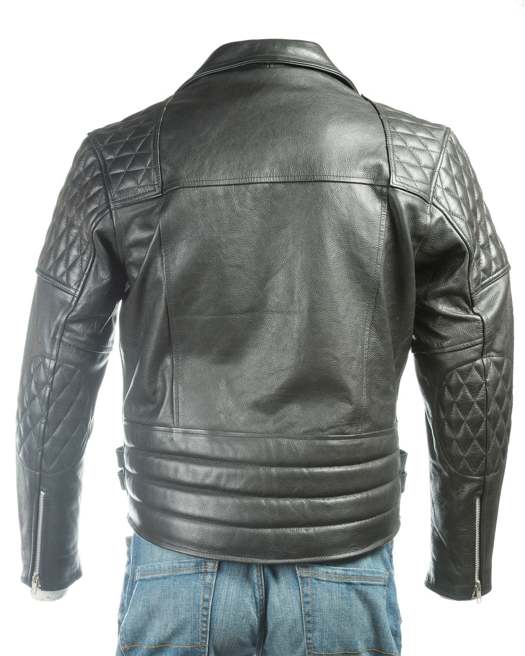 Men's Black Cow Hide Leather Biker Jacket With Diamond Stitch Shoulder Detail: Lorenzo