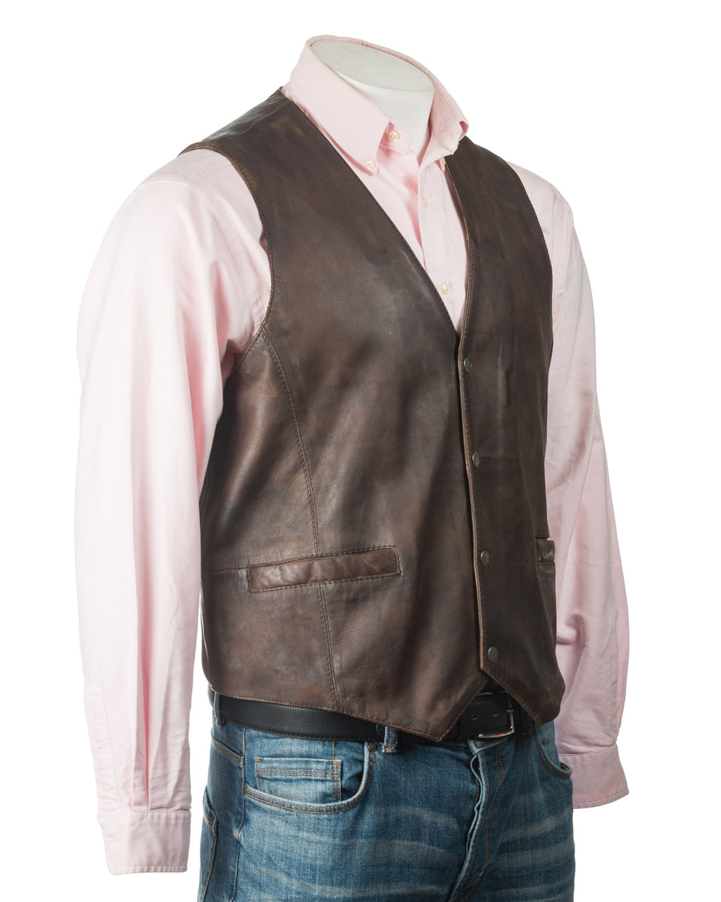 Men's Antique Brown Stud Fastening Leather Waistcoat: Ambrogio