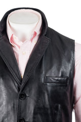 Men's Black Collared Button-Up Leather Waistcoat: Aurelio