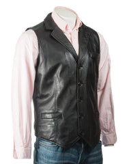 Men's Black Collared Button-Up Leather Waistcoat: Aurelio