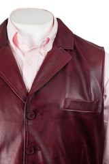 Men's Burgundy Collared Button-Up Leather Waistcoat: Aurelio