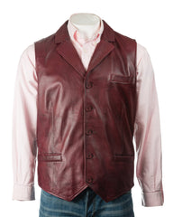 Men's Burgundy Collared Button-Up Leather Waistcoat: Aurelio