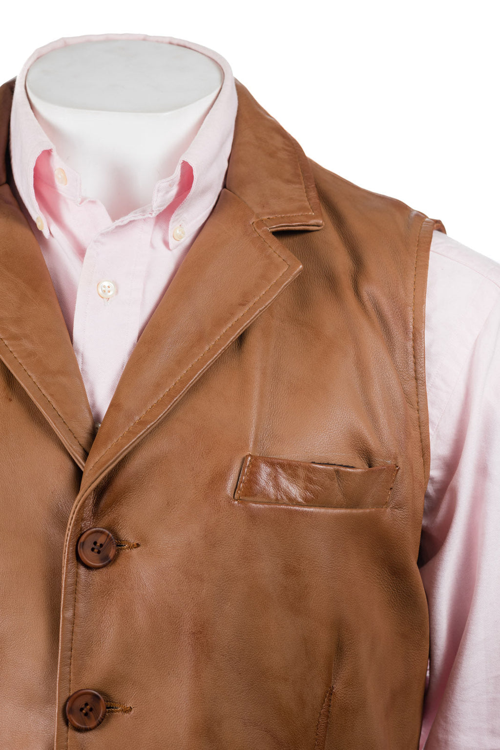 Men's Antique Cognac Collared Button-Up Leather Waistcoat: Aurelio