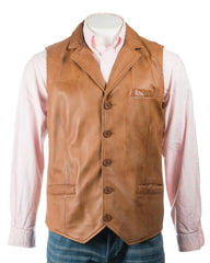 Men's Antique Cognac Collared Button-Up Leather Waistcoat: Aurelio
