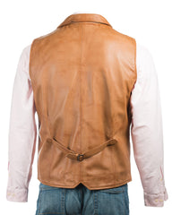 Men's Antique Cognac Collared Button-Up Leather Waistcoat: Aurelio