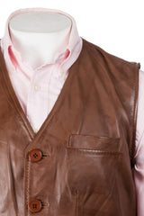Men's Cognac Button-Up Leather Waistcoat: Amadeo