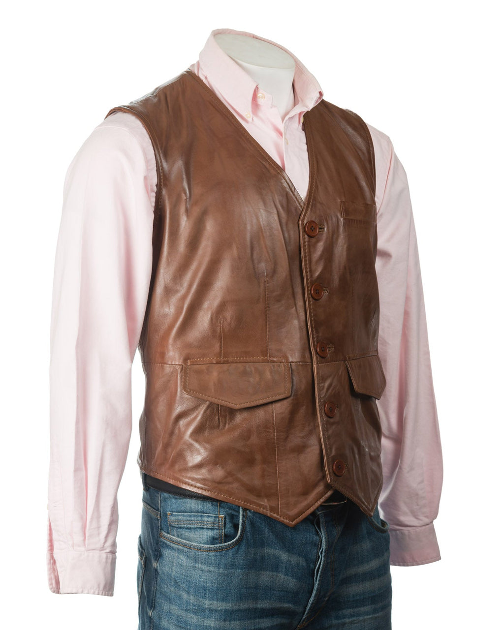 Men's Cognac Button-Up Leather Waistcoat: Amadeo