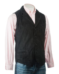 Men's Black Collared Button-Up Suede Waistcoat: Aurelio