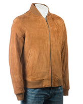 Men's Tan Rib-Knit Collar Suede Bomber: Benedict
