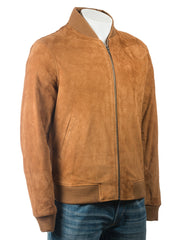 Men's Tan Rib-Knit Collar Suede Bomber: Benedict