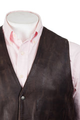 Men's Antique Brown Stud Fastening Leather Waistcoat: Ambrogio