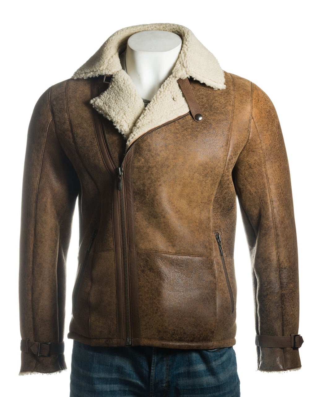 Men's Antique Cognac Shearling Sheepskin Biker Style Cross Zip Jacket: Alonso