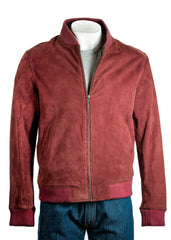 Men's Burgundy Rib-Knit Collar Suede Bomber: Benedict