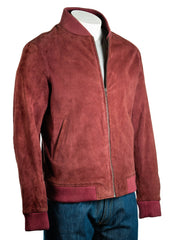 Men's Burgundy Rib-Knit Collar Suede Bomber: Benedict