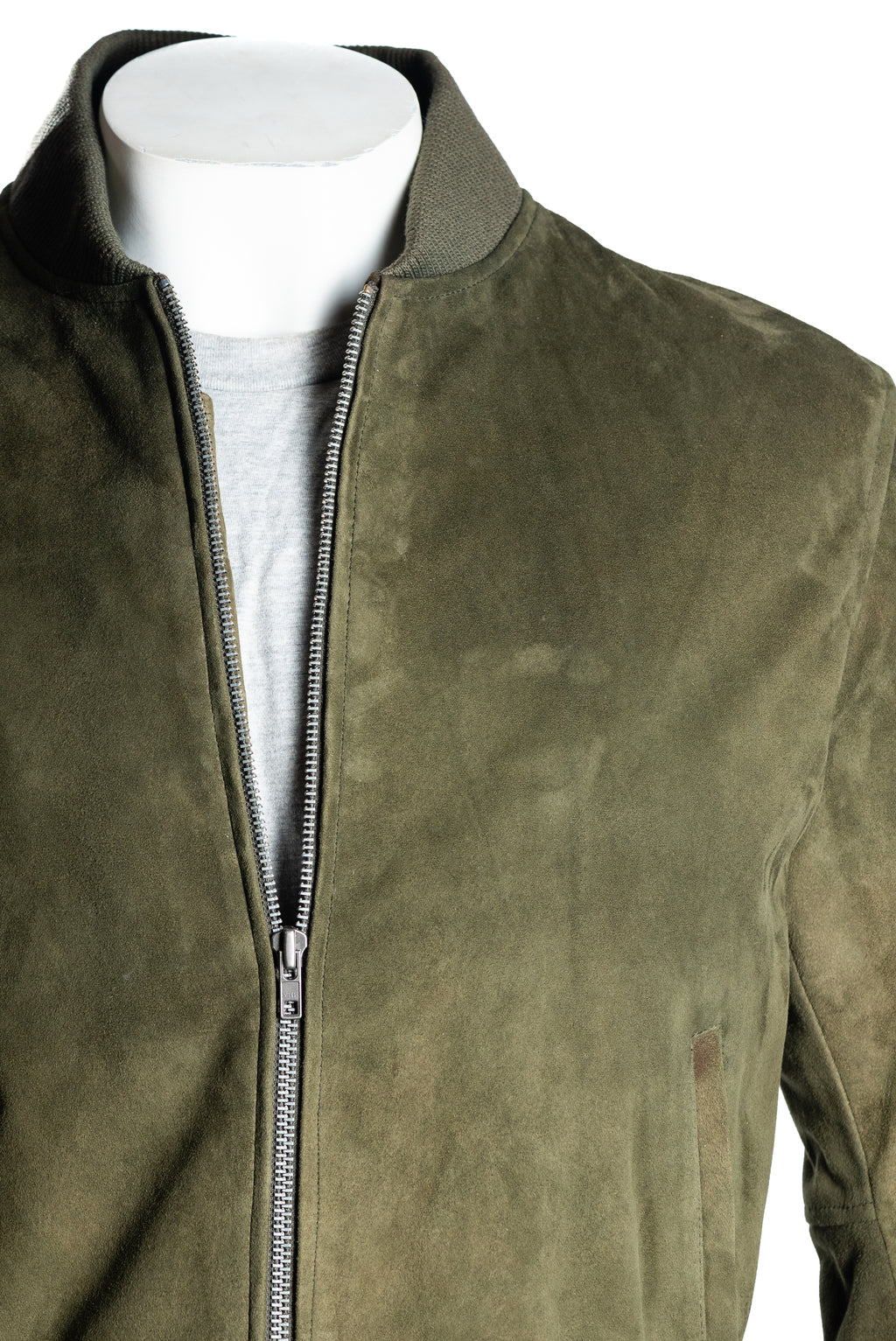 Men's Olive Green Rib-Knit Collar Suede Bomber: Benedict